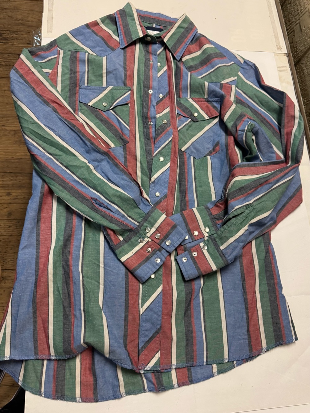 Men's Vintage Big and Tall Striped Western Button-Up Shirt in Blue, Green & Red